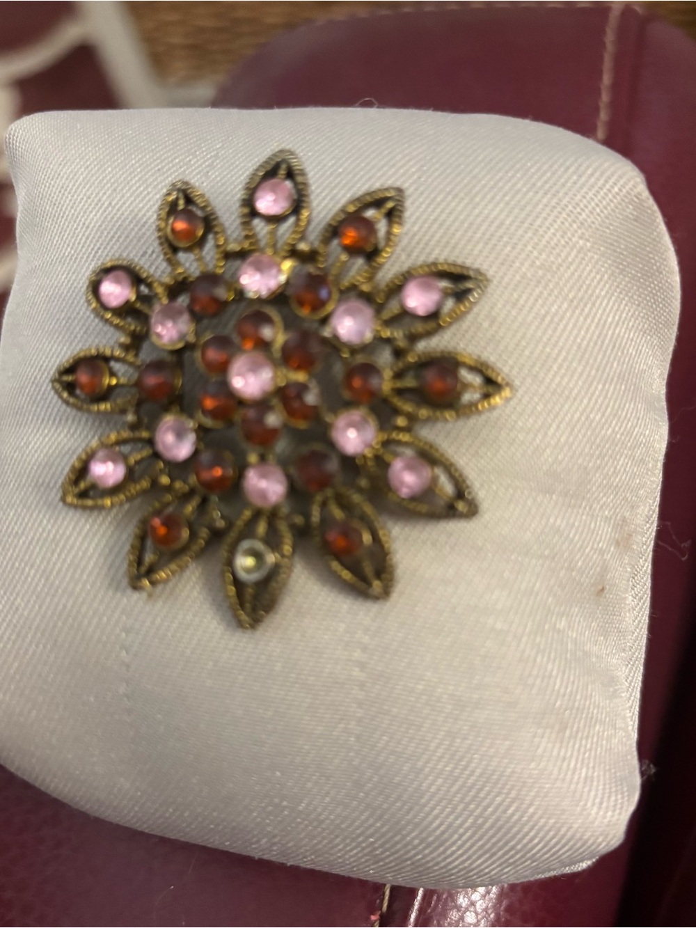 Vintage-Inspired Floral Brooch with Pink and Amber Stones